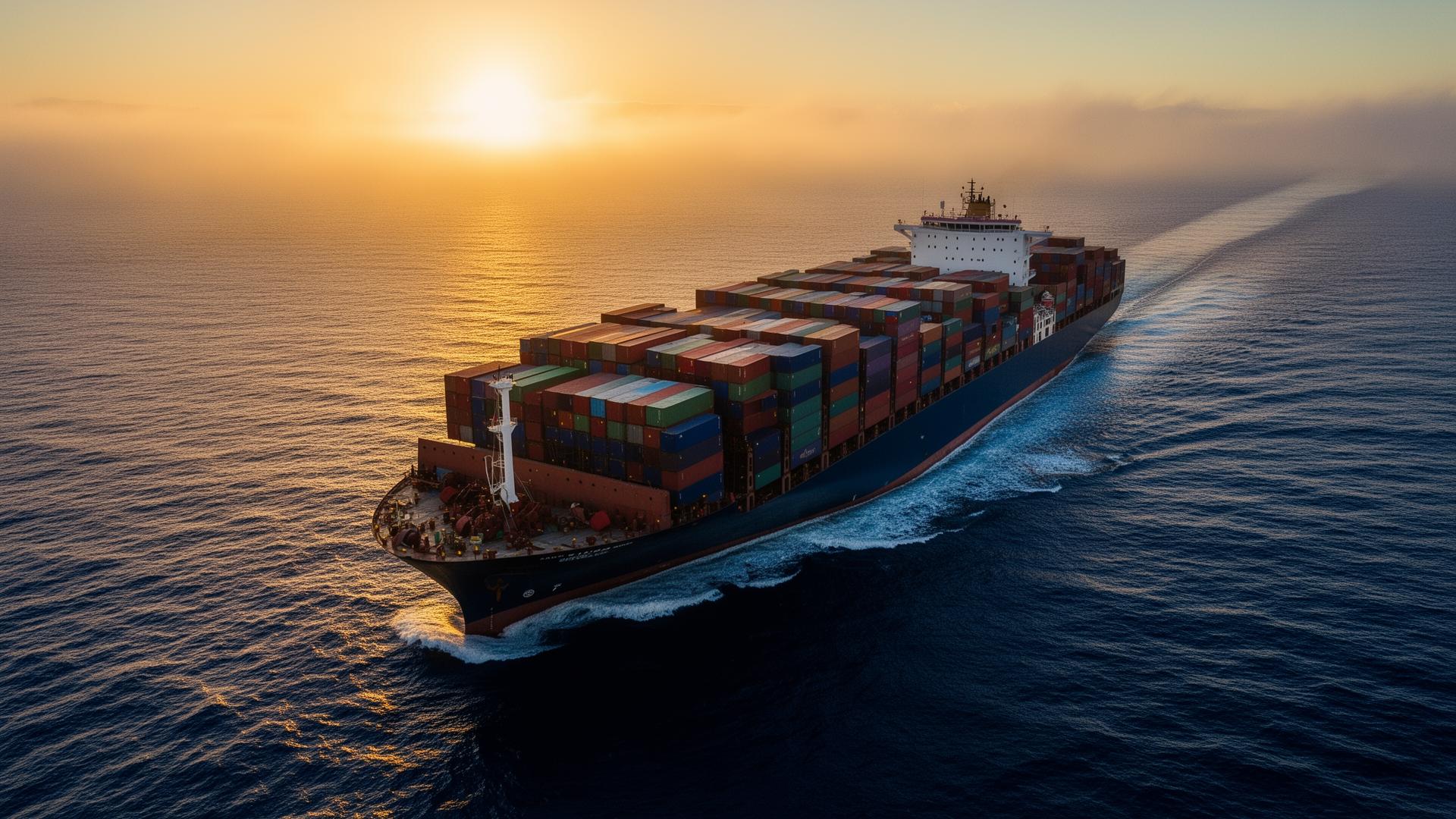 Aerial view of cargo ship at sea